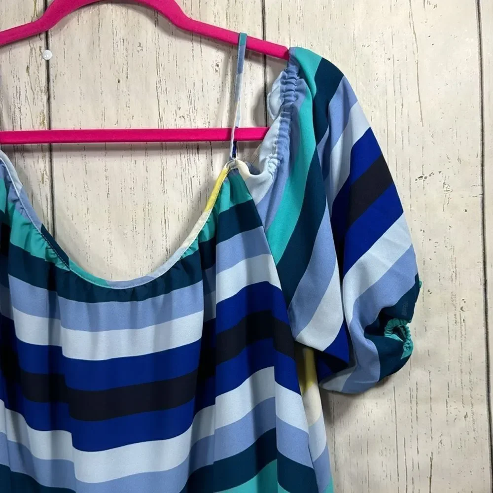 New York & Company Stripes Off The Shoulder Blue Coastal Nautical Blouse